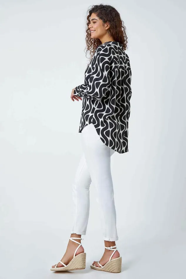 Black Geometric Print Collared Blouse Women Roman Tops