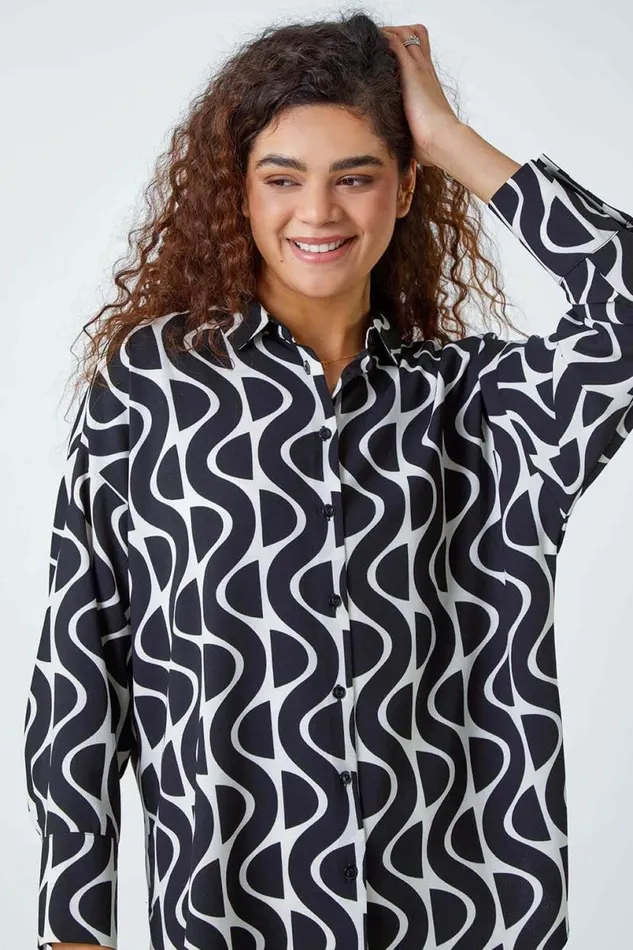 Black Geometric Print Collared Blouse Women Roman Tops