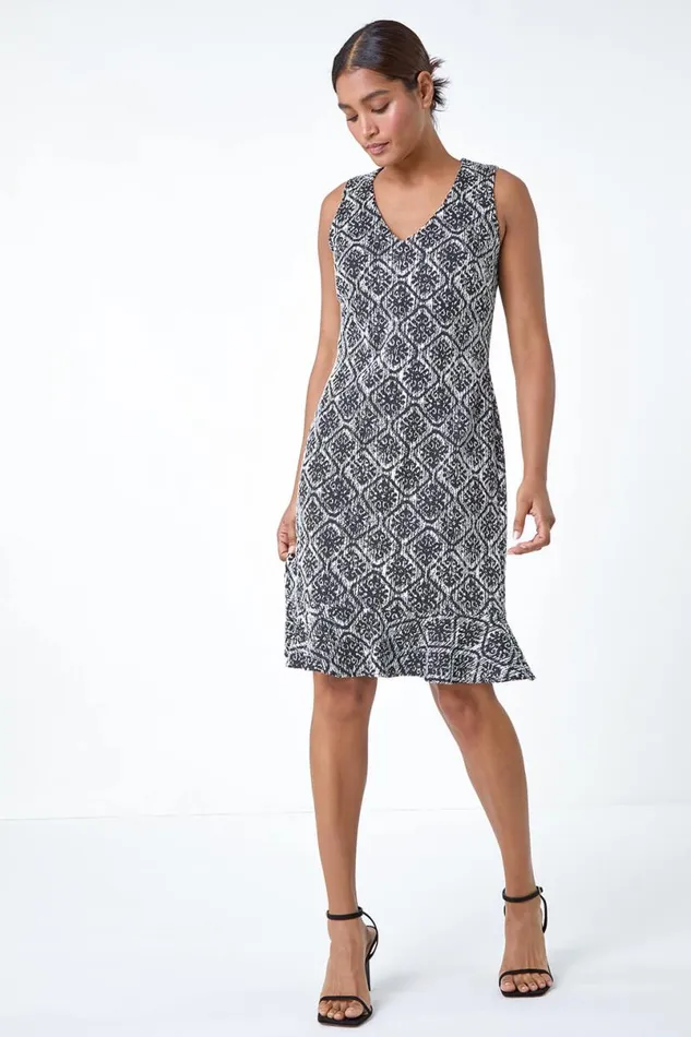 Black Geometric Print Frill Hem Dress Women Roman Dresses