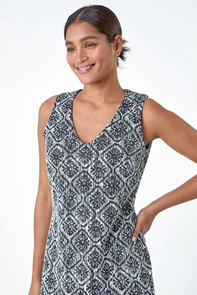 Black Geometric Print Frill Hem Dress Women Roman Dresses
