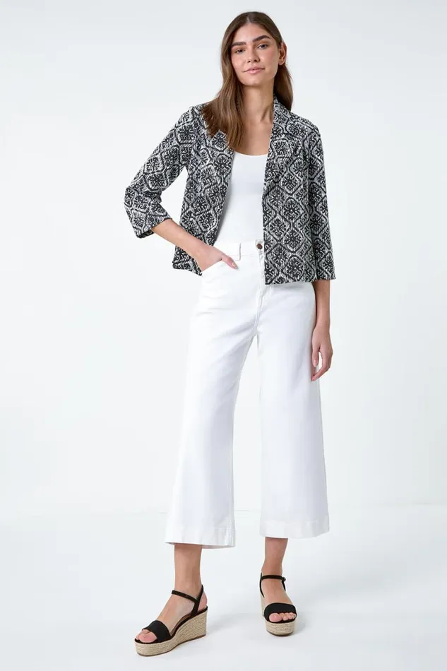 Black Geometric Textured Cotton Blend Jacket Women Roman Occasionwear