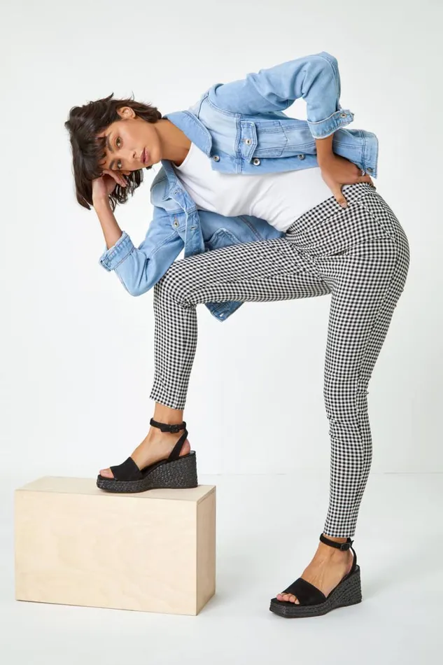 Black Gingham Full Length Elastic Waist Trouser Women Roman Trousers