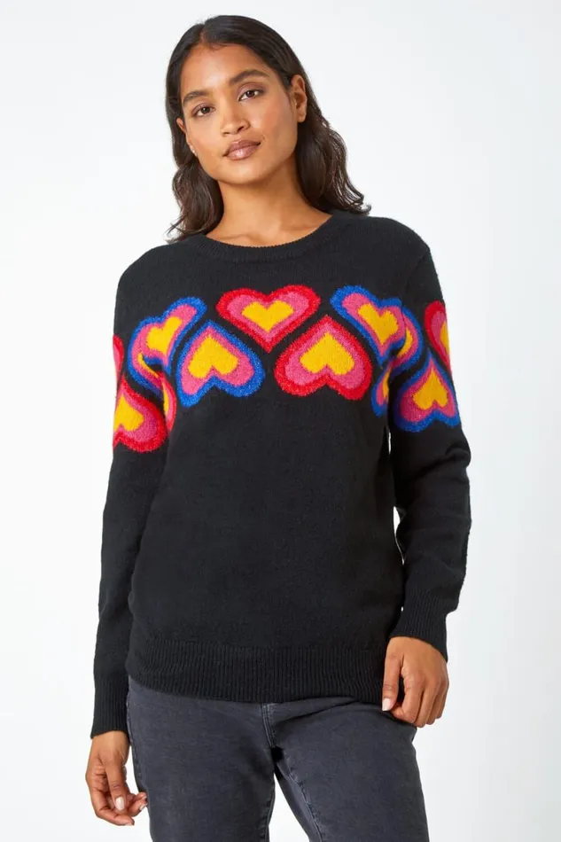 Black Heart Print Stretch Jumper Women Roman Knitwear