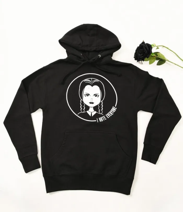 Black I Hate Everyone Wednesday Unisex Pullover Hoodie ClothingHalloweenPlus Unique Vintage Graphic Tees