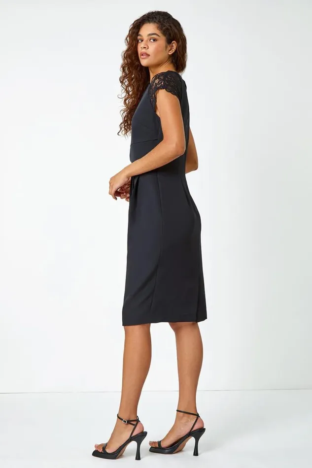 Black Lace Detail Shift Stretch Dress Women Roman Dresses