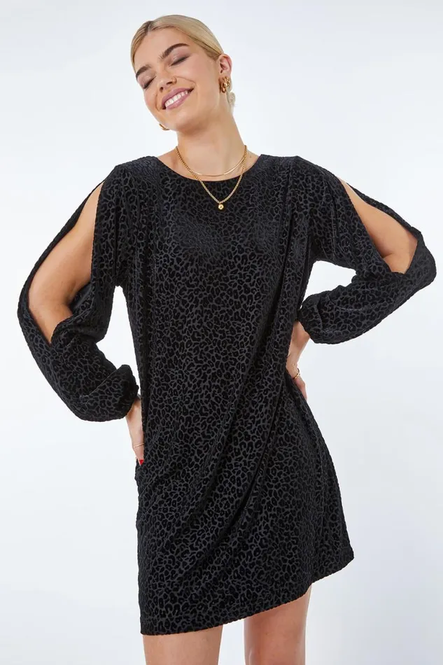 Black Leopard Print Burnout Split Sleeve Dress Women Roman Dresses