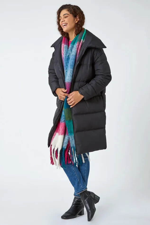 Black Longline Padded Coat Women Roman Coats