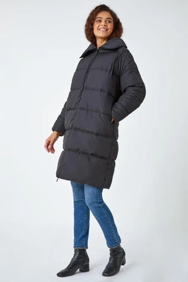 Black Longline Padded Coat Women Roman Coats