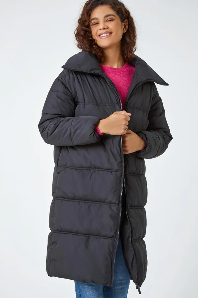 Black Longline Padded Coat Women Roman Coats