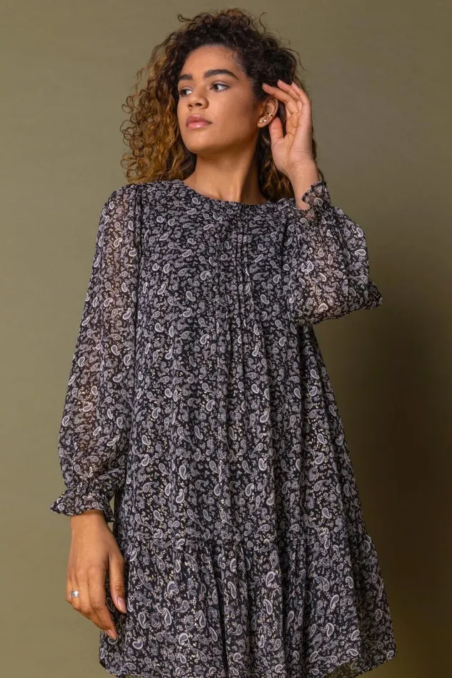 Black Paisley Foil Print Chiffon Tunic Dress Women Roman Dresses