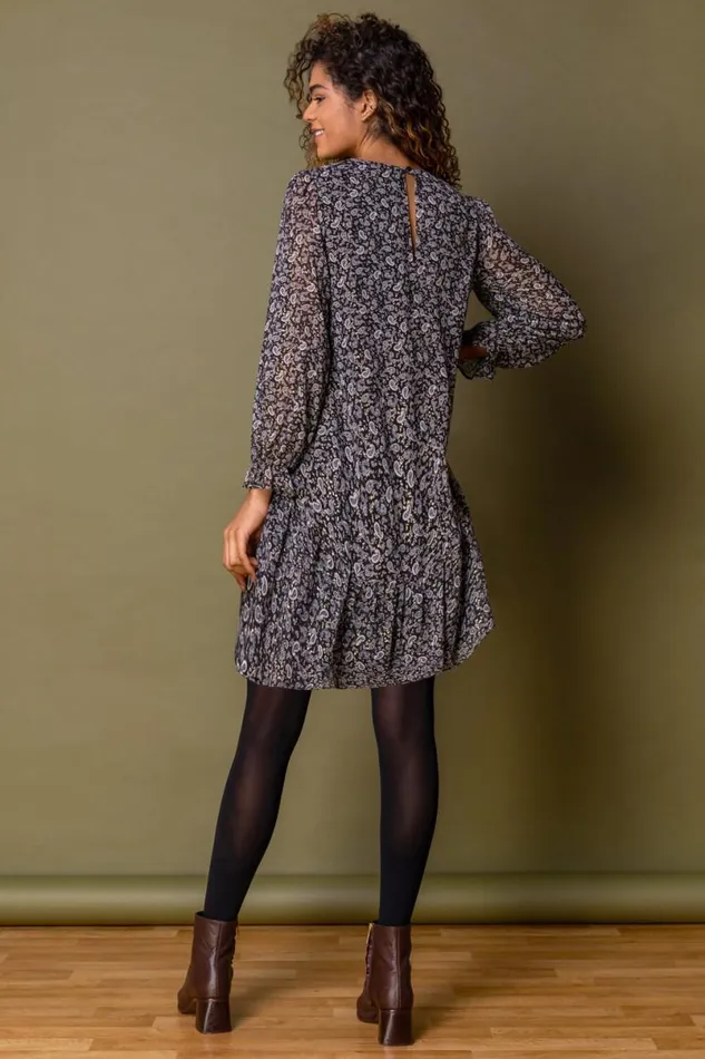Black Paisley Foil Print Chiffon Tunic Dress Women Roman Dresses