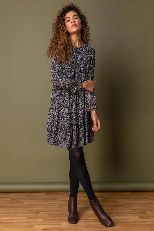 Black Paisley Foil Print Chiffon Tunic Dress Women Roman Dresses