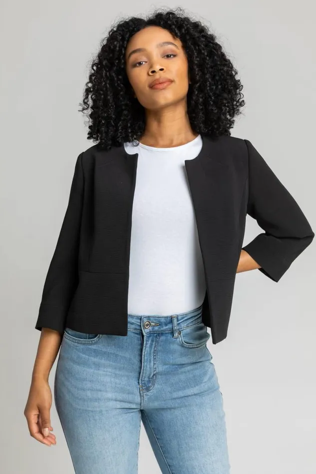 Black Petite 34 Sleeve Tailored Jacquard Jacket Women Roman Jackets