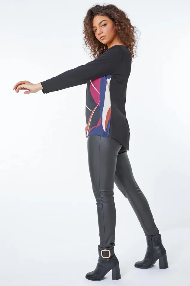 Black Petite Abstract Print Top Women Roman Tops