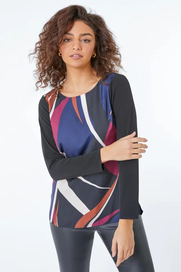 Black Petite Abstract Print Top Women Roman Tops