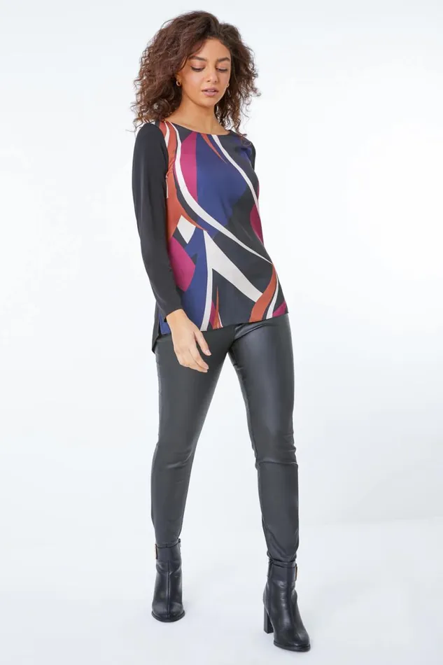 Black Petite Abstract Print Top Women Roman Tops