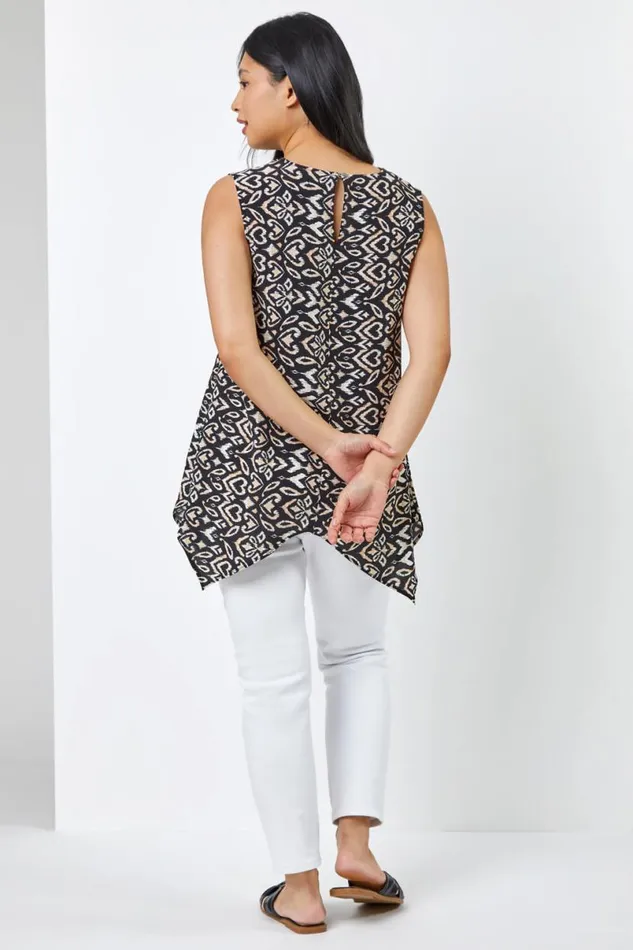 Black Petite Abstract Print VNeck Hanky Hem Top Women Roman Tops