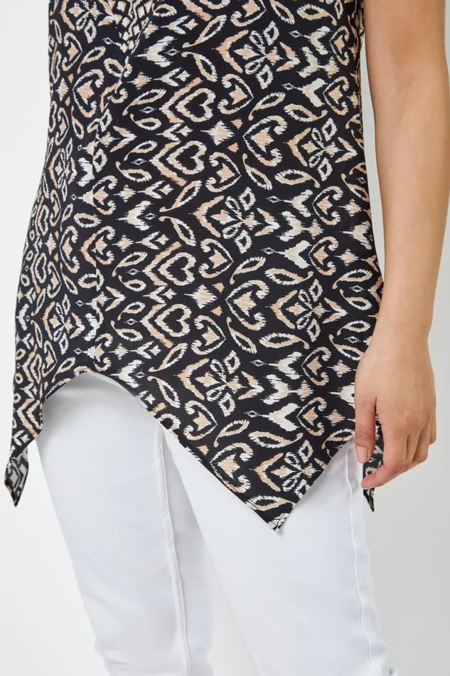 Black Petite Abstract Print VNeck Hanky Hem Top Women Roman Tops