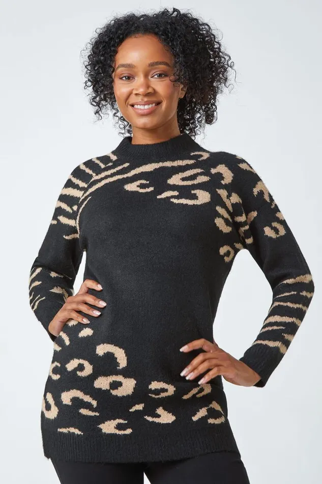 Black Petite Animal Print Longline Jumper Women Roman Knitwear
