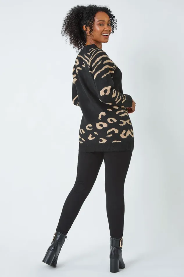 Black Petite Animal Print Longline Jumper Women Roman Knitwear