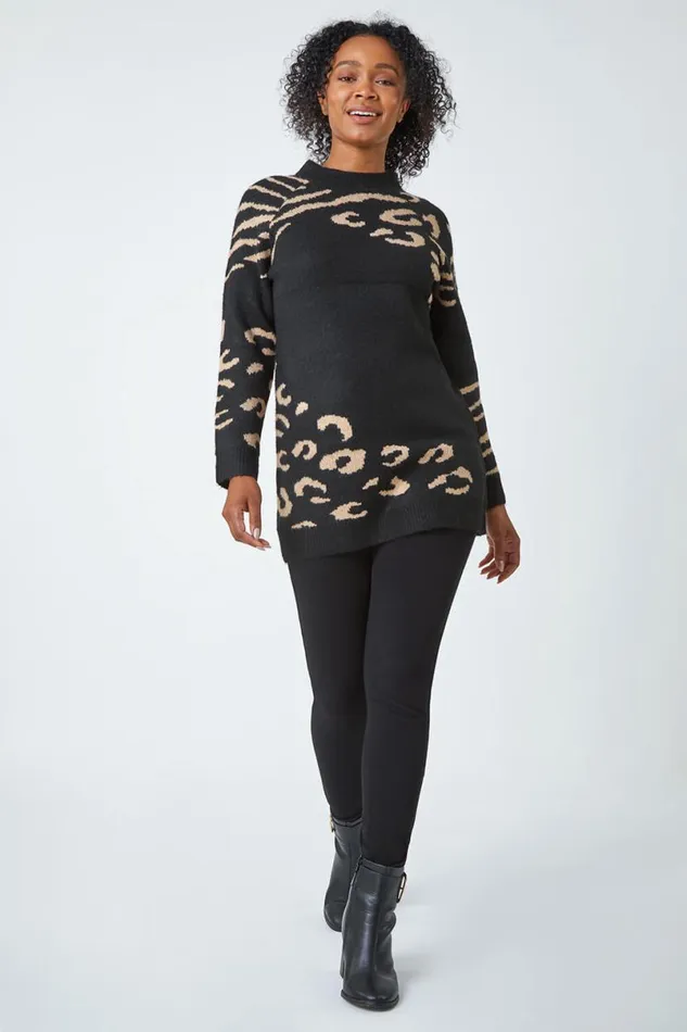 Black Petite Animal Print Longline Jumper Women Roman Knitwear