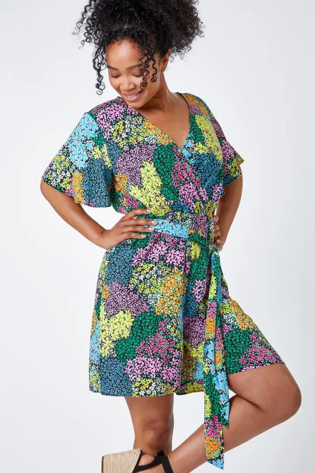 Black Petite Ditsy Floral Belted Playsuit Women Roman Dresses