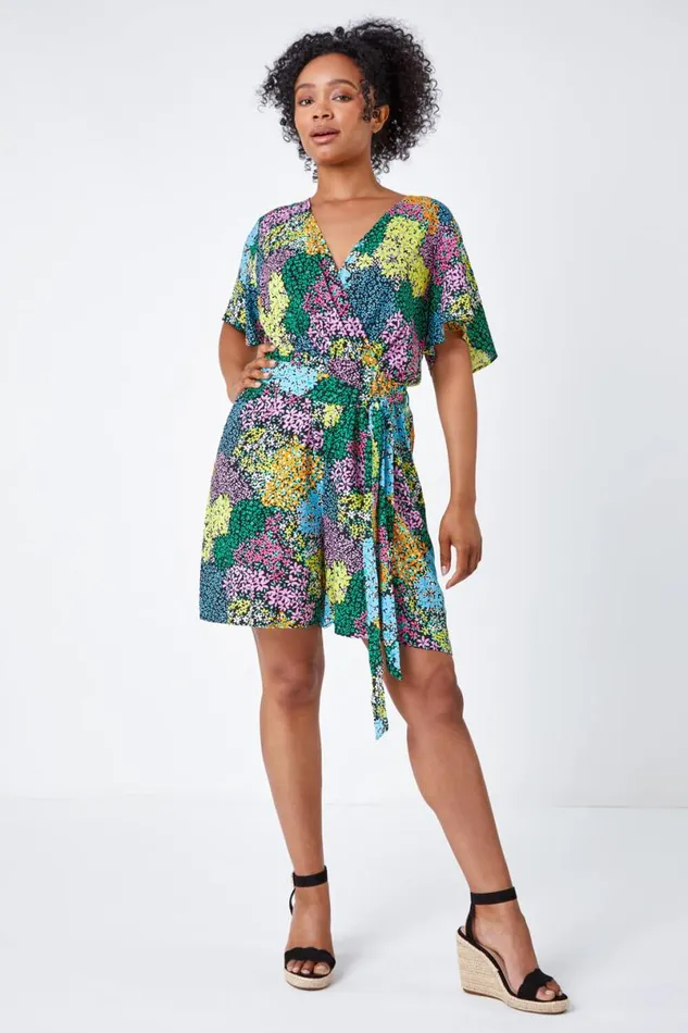 Black Petite Ditsy Floral Belted Playsuit Women Roman Dresses