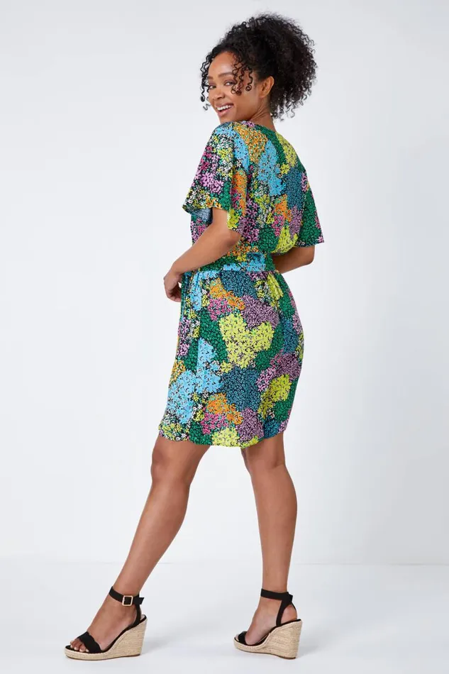 Black Petite Ditsy Floral Belted Playsuit Women Roman Dresses