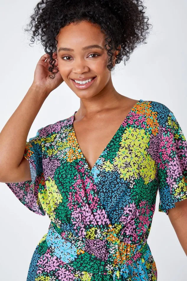 Black Petite Ditsy Floral Belted Playsuit Women Roman Dresses