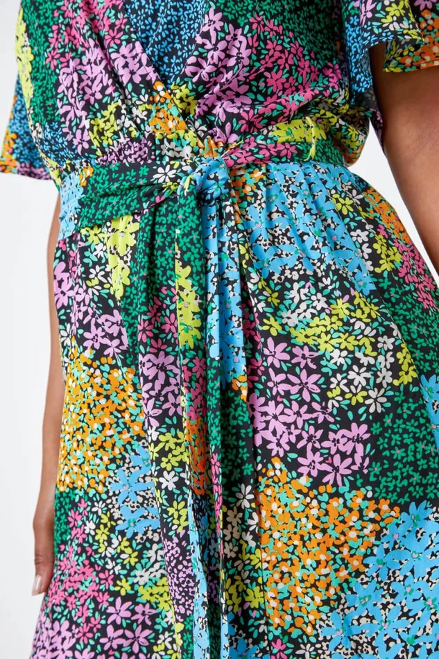 Black Petite Ditsy Floral Belted Playsuit Women Roman Dresses