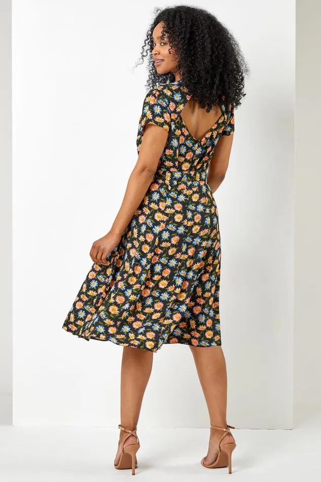 Black Petite Floral Print Back Detail Belted Dress Women Roman Dresses