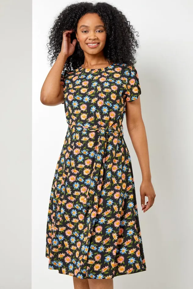 Black Petite Floral Print Back Detail Belted Dress Women Roman Dresses