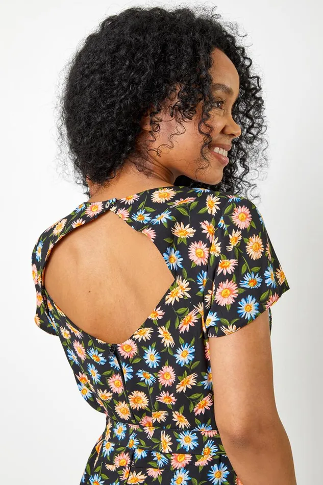 Black Petite Floral Print Back Detail Belted Dress Women Roman Dresses