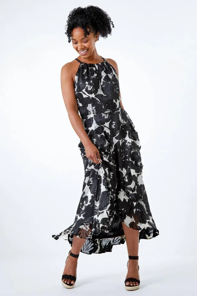 Black Petite Frill Hem Midi Dress Women Roman Dresses