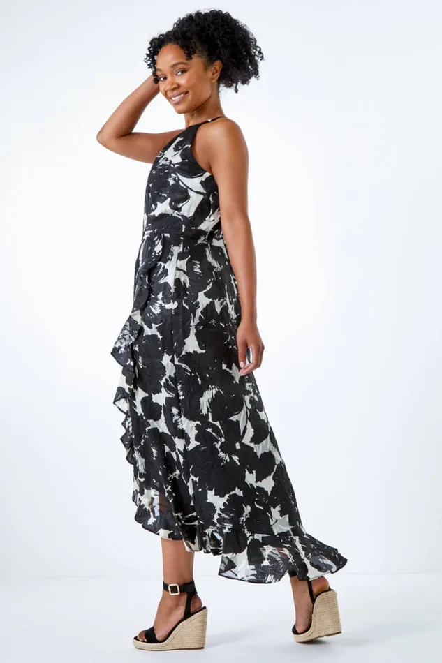 Black Petite Frill Hem Midi Dress Women Roman Dresses