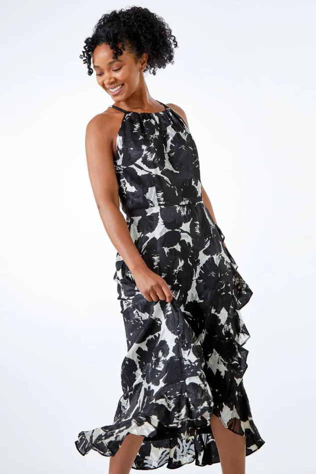Black Petite Frill Hem Midi Dress Women Roman Dresses