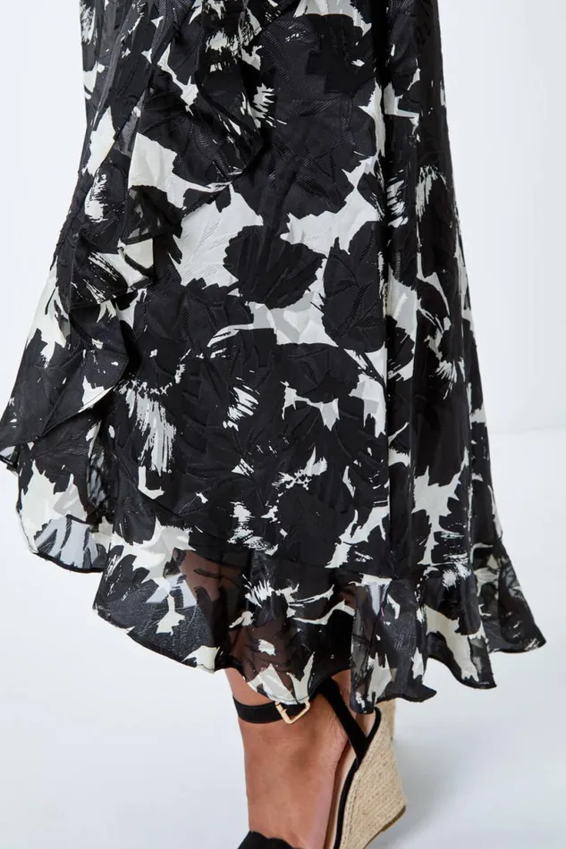 Black Petite Frill Hem Midi Dress Women Roman Dresses