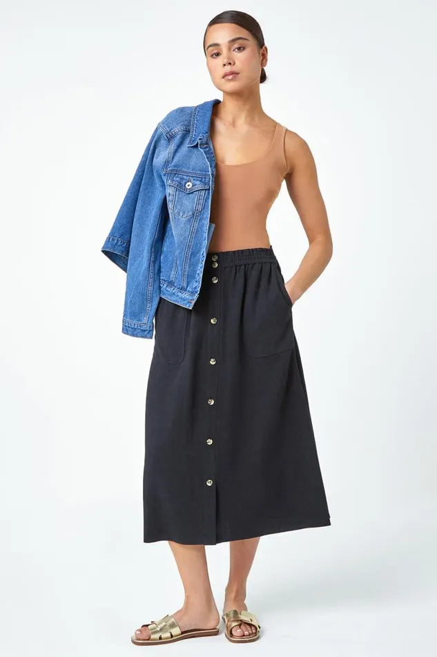Black Petite Linen Blend Button Midi Skirt Women Roman Skirts