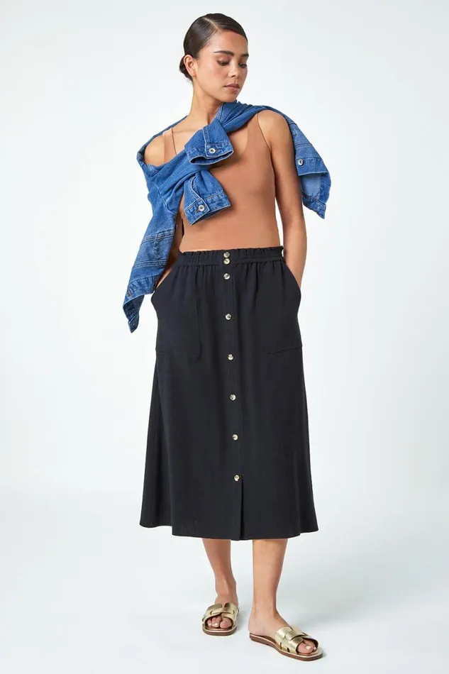 Black Petite Linen Blend Button Midi Skirt Women Roman Skirts