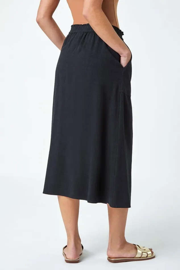 Black Petite Linen Blend Button Midi Skirt Women Roman Skirts