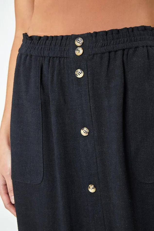 Black Petite Linen Blend Button Midi Skirt Women Roman Skirts