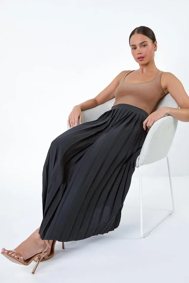 Black Petite Plain A Line Pleated Maxi Skirt Women Roman Skirts