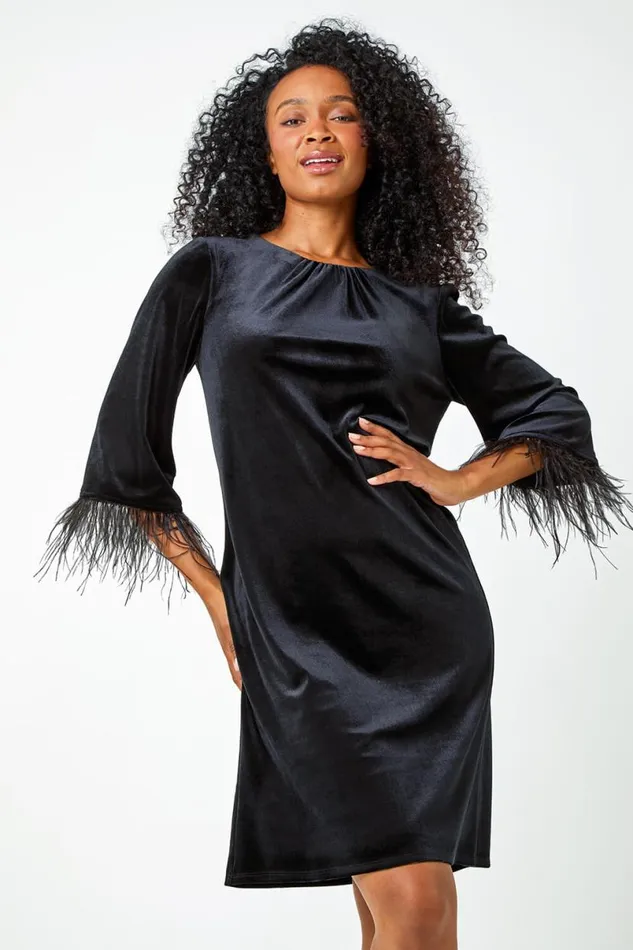 Black Petite Velvet Feather Trim Stretch Dress Women Roman Dresses