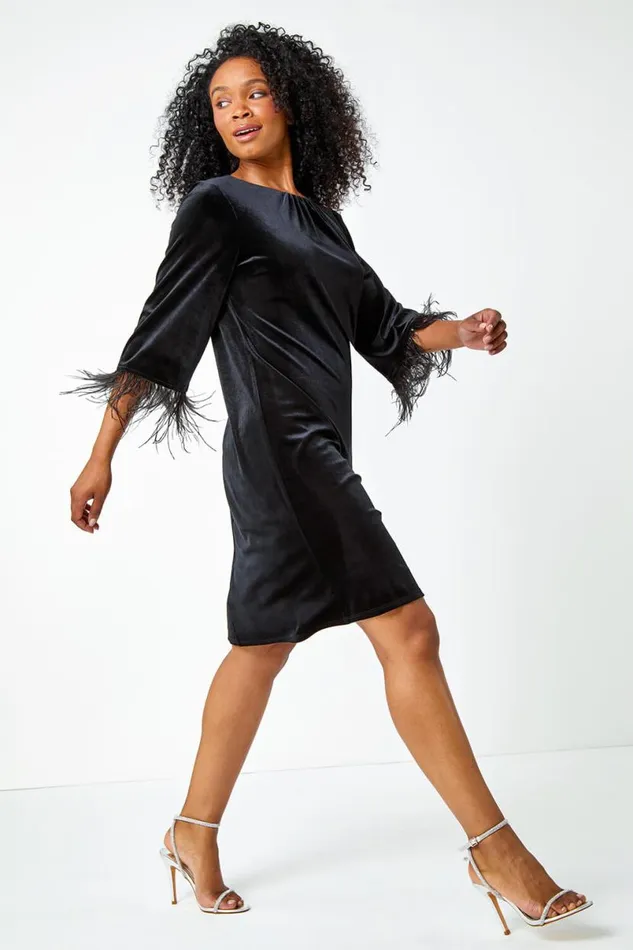Black Petite Velvet Feather Trim Stretch Dress Women Roman Dresses