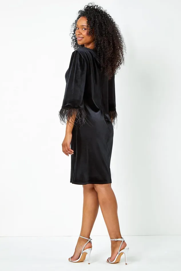 Black Petite Velvet Feather Trim Stretch Dress Women Roman Dresses