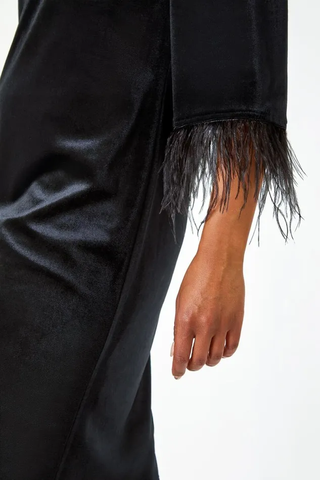 Black Petite Velvet Feather Trim Stretch Dress Women Roman Dresses