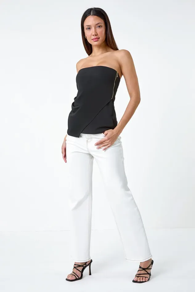 Black Plain Asymmetric Zip Detail Bandeau Top Women Roman Tops