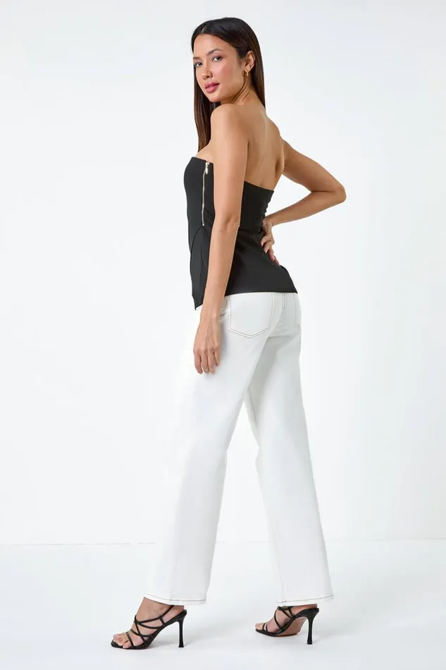 Black Plain Asymmetric Zip Detail Bandeau Top Women Roman Tops