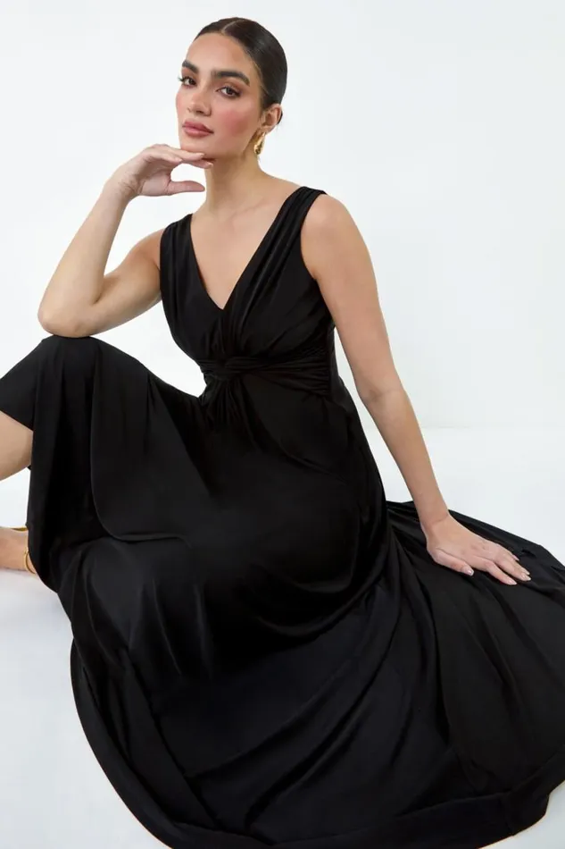 Black Plain Knot Front Maxi Dress Women Roman Dresses