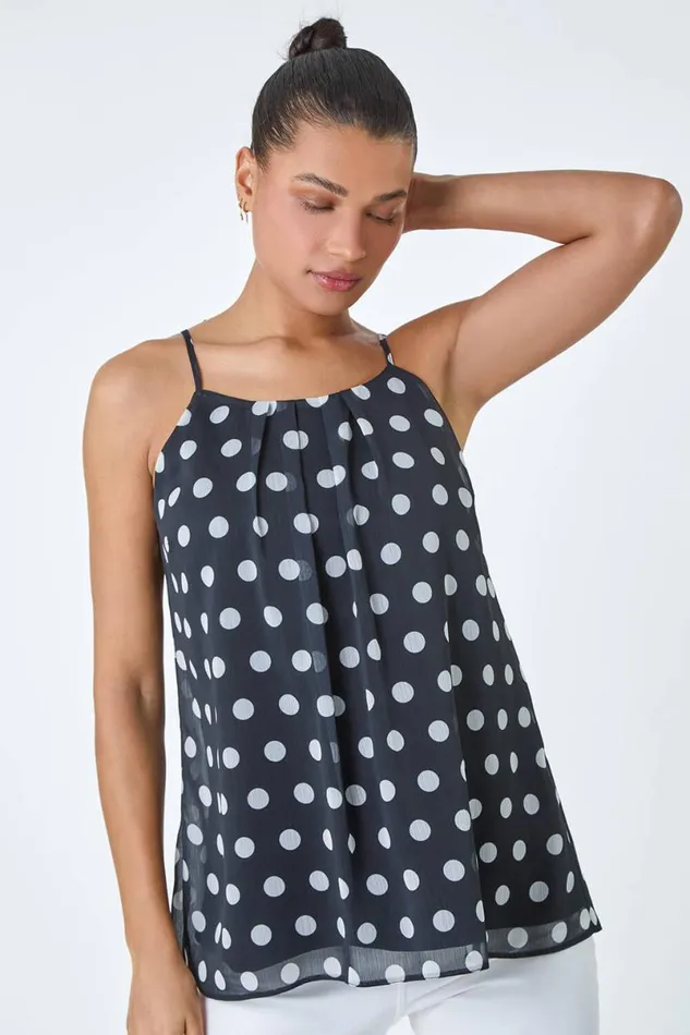 Black Polka Dot Print Chiffon Cami Top Women Roman Tops
